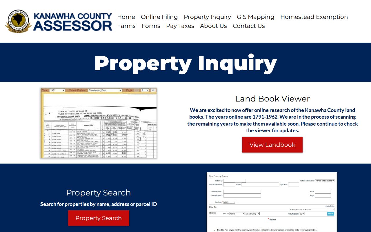 Kanawha County property records assessor inquiry for address, owner and parcel searches