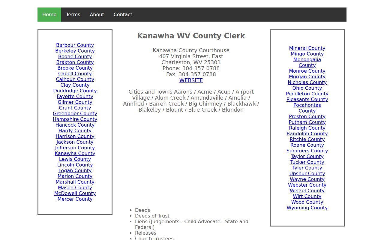 Kanawha County deed records categories at the County Clerk land-record index